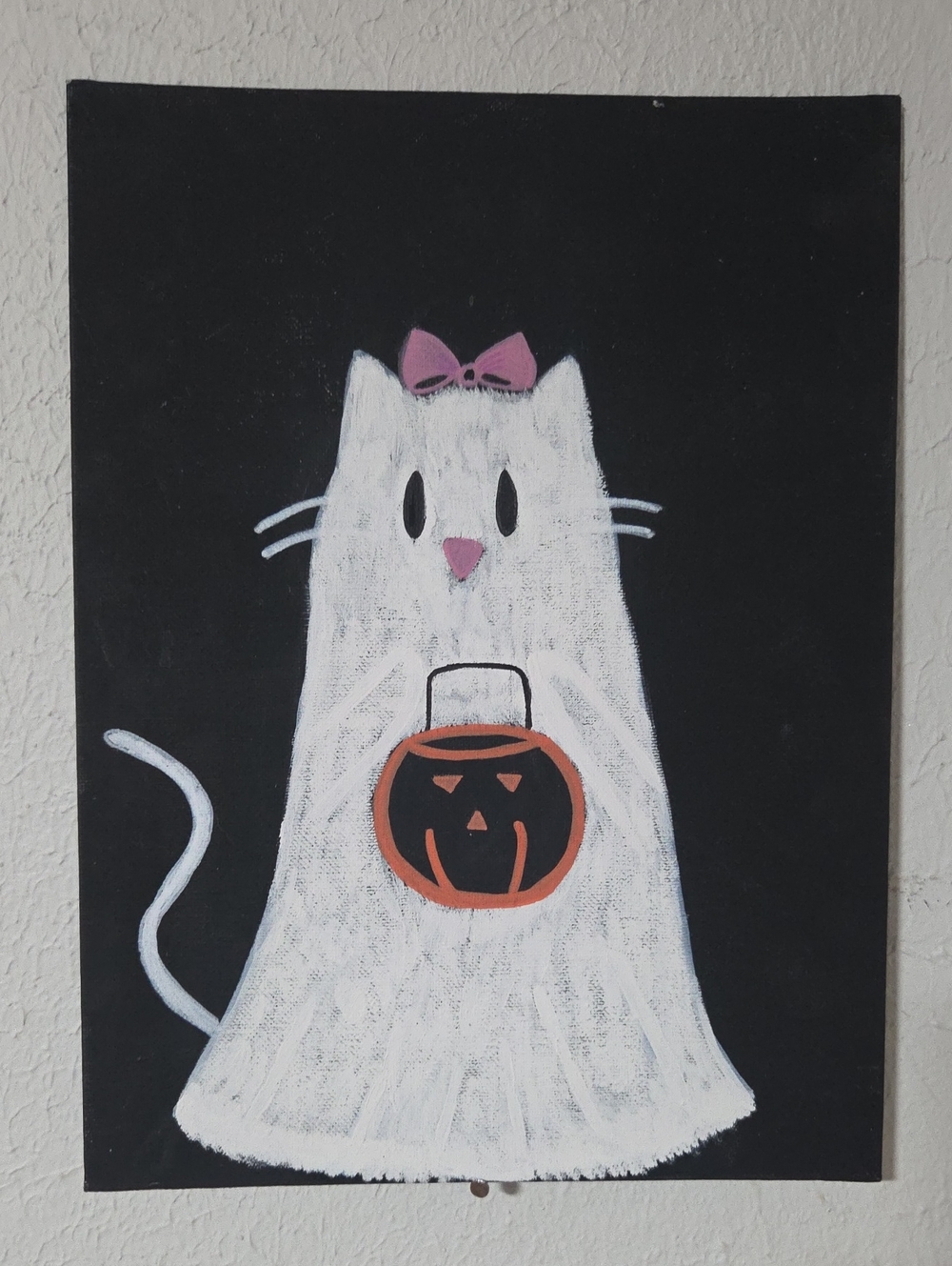 Hand-painted White Ghost Cat Halloween Wall Art with Pink Bow 12 X 9